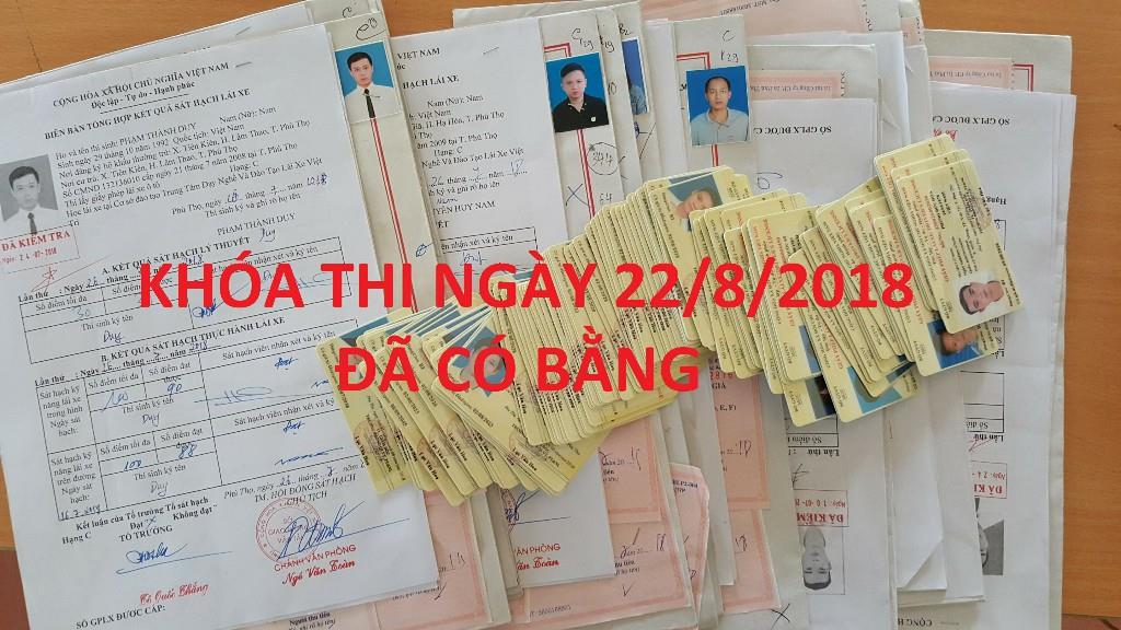 Khóa thi sát hạch ô tô ngày 22/8/2018 của Trung Tâm Lái Xe Việt Trì đã có bằng.