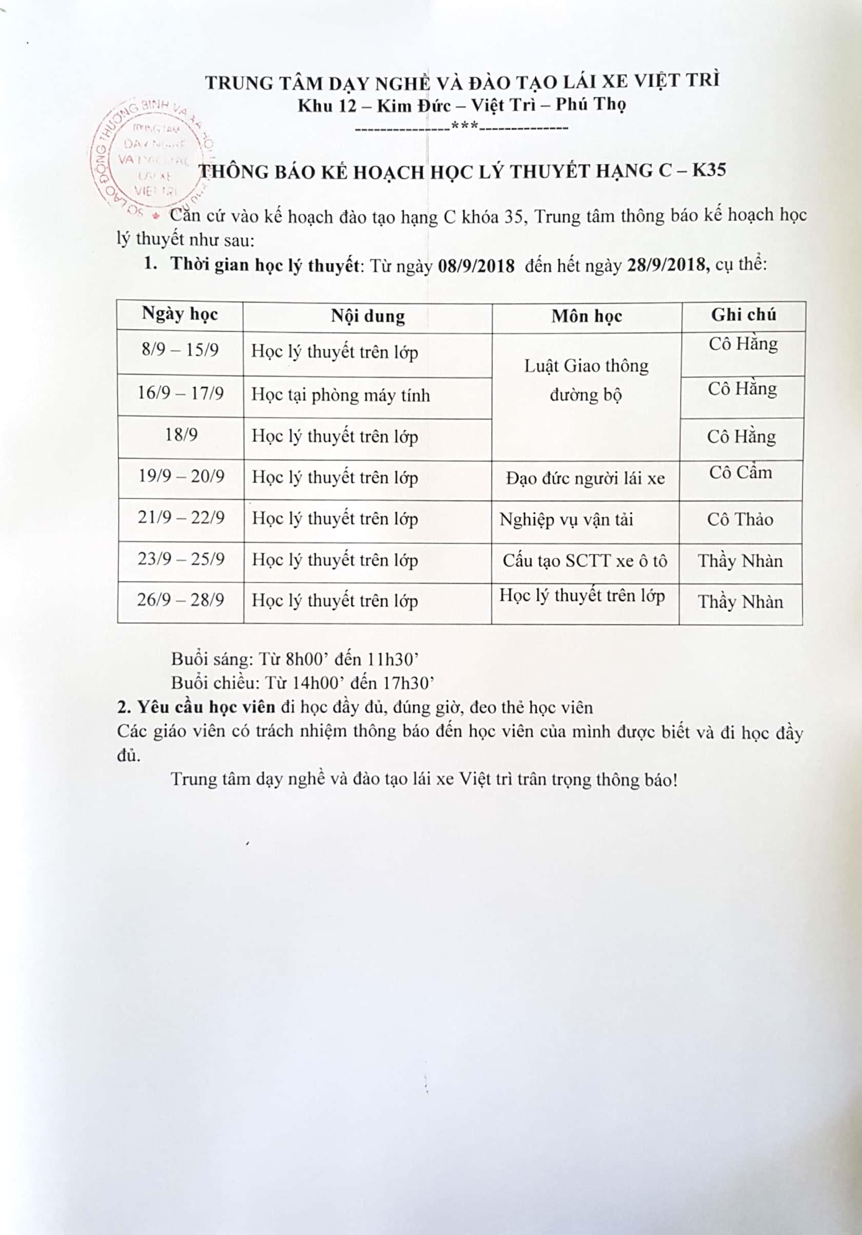 THÔNG BÁO KẾ HOẠCH HỌC LÝ THUYẾT HẠNG C-khóa 35.
